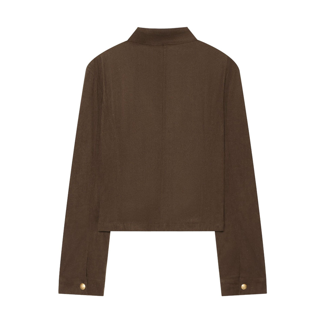 Damen taillierte Military-Jacke im Cord-Look mit Stehkragen und goldfarbener Zierknopfleiste – Célinea