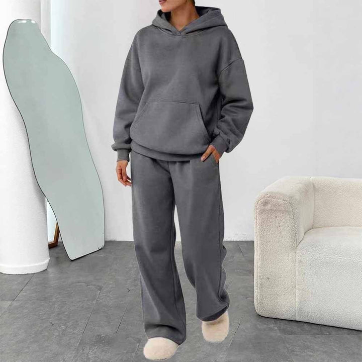Damen zweiteiliges Freizeit-Lounge-Set mit Kapuzenpullover, Kängurutasche und gerader Loungehose aus weichem Baumwollmix – Auréline