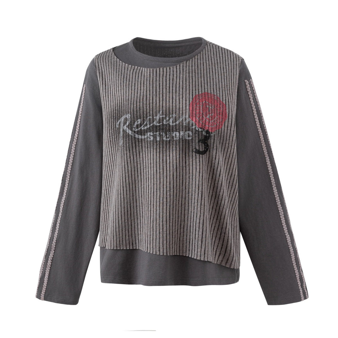 Damen Lagen-Langarmshirt mit gestreiftem Frontpanel und Spitzenband Echoarchiv