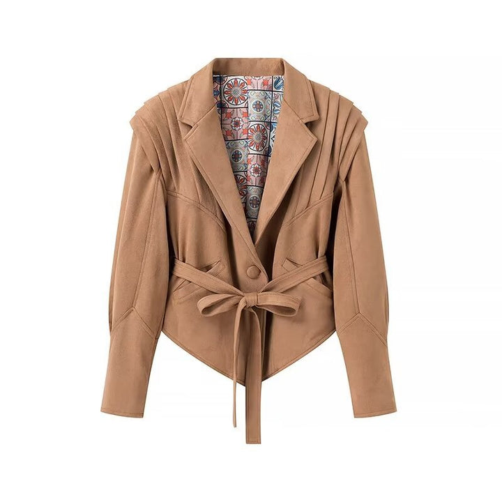 Damen nan taillierte Veloursoptik Blazerjacke mit Bindegürtel, betonter Schulter und gemusterter Innenfütterung Echo Archiv