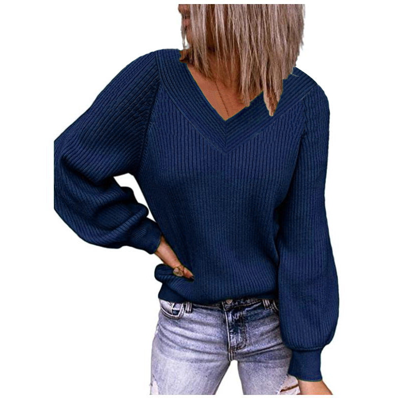 Damen Gerippter V‑Ausschnitt Pullover mit Ballonärmeln und lässiger Passform Echoarchiv