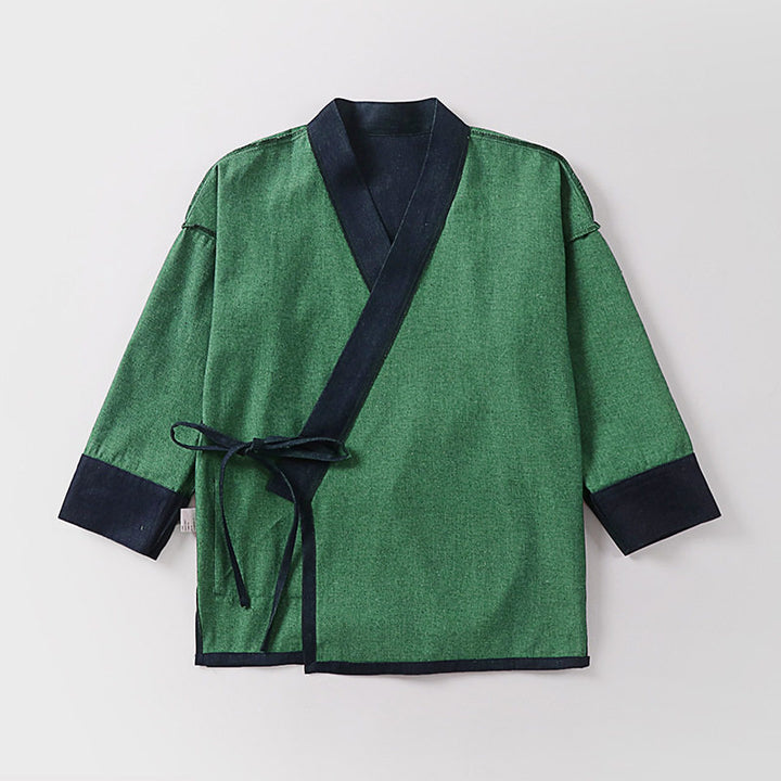 Unisex Leichte Wickel-Kimono-Jacke aus Leinen-Baumwollmix mit Kontrastbesatz und Bindegürtel Echoarchiv