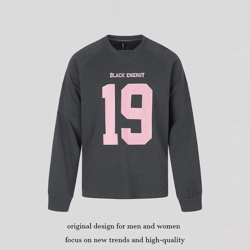 Damen Oversize-Sweatshirt mit V-Ausschnitt, Raglanärmeln und typografischem Frontprint Echoarchiv