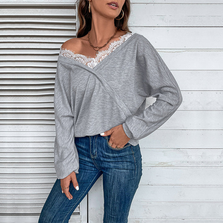 Damen Oversized Wickel-Longsleeve mit Spitzenblende und weitem Arm Echoarchiv