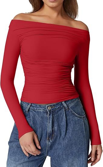 Damen Schulterfreies tailliertes Stretch-Longsleeve mit Raffung und figurbetonter Silhouette – Avérine