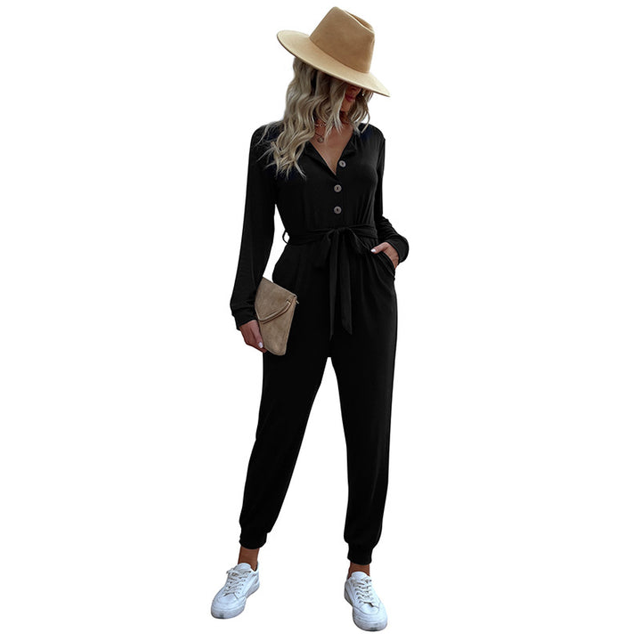 Damen Lässiger Einteiler-Jumpsuit mit Knopfleiste, Bindegürtel und Rippbündchen Echoarchiv