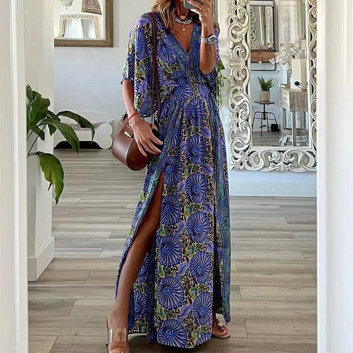 Damen Maxikleid im Boho-Stil mit Wickeleffekt, V-Ausschnitt und hohem Beinschlitz Echoarchiv