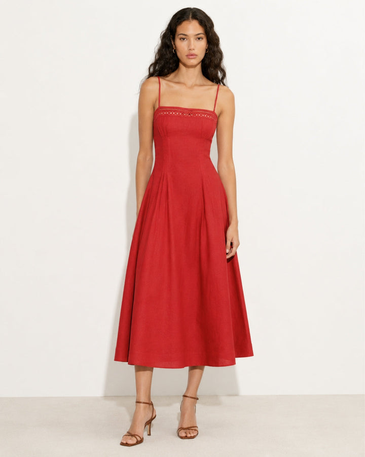 Damen nan Vintage-inspiriertes Midikleid mit schmalen Spaghettiträgern, Spitzenpassé und ausgestelltem Tellerrock Echo Archiv