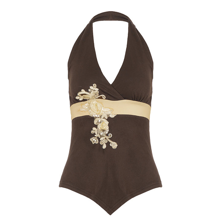 Damen eleganter Halter-Badeanzug mit luxuriösen Stickereien Echo Archiv