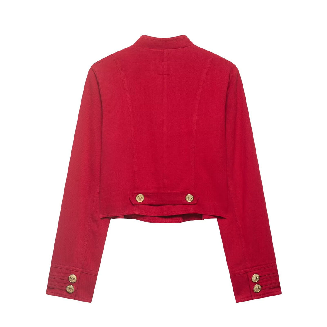 Damen Kurze Militärjacke im Cropped‑Schnitt mit Stehkragen und goldfarbenen Zierknöpfen Echo Archiv