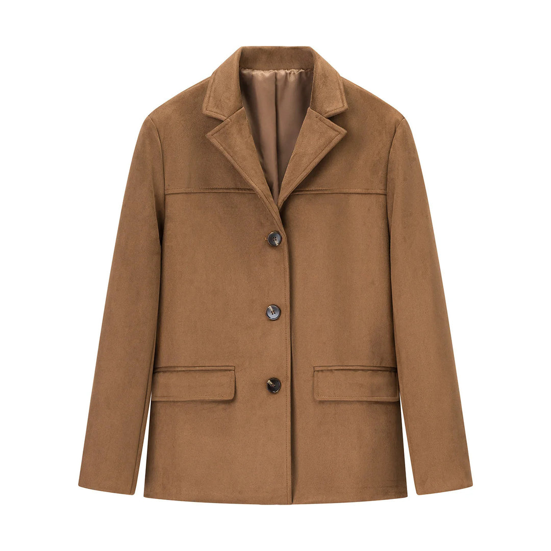 Damen kurzer Wollblend-Blazer-Mantel mit geradem Schnitt, Reverskragen und Pattentaschen – Valéne