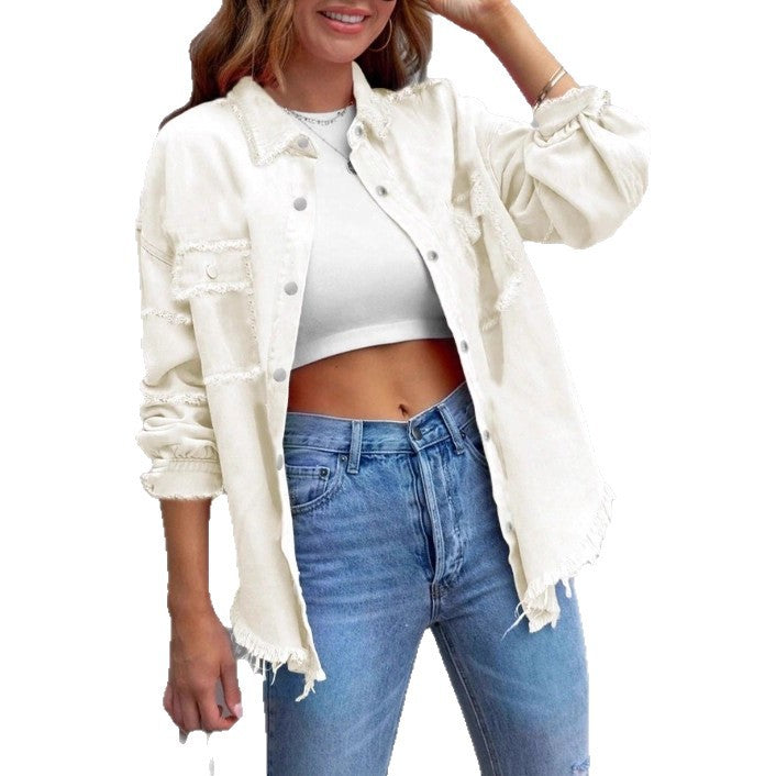 Damen Lässige Denim-Überwurfjacke im Hemdstil mit Raw-Edge und Druckknopfleiste Echo Archiv