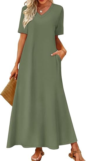 Damen Langes A-Linien-Maxikleid mit V-Ausschnitt, Kurzarm und Eingrifftaschen Echoarchiv