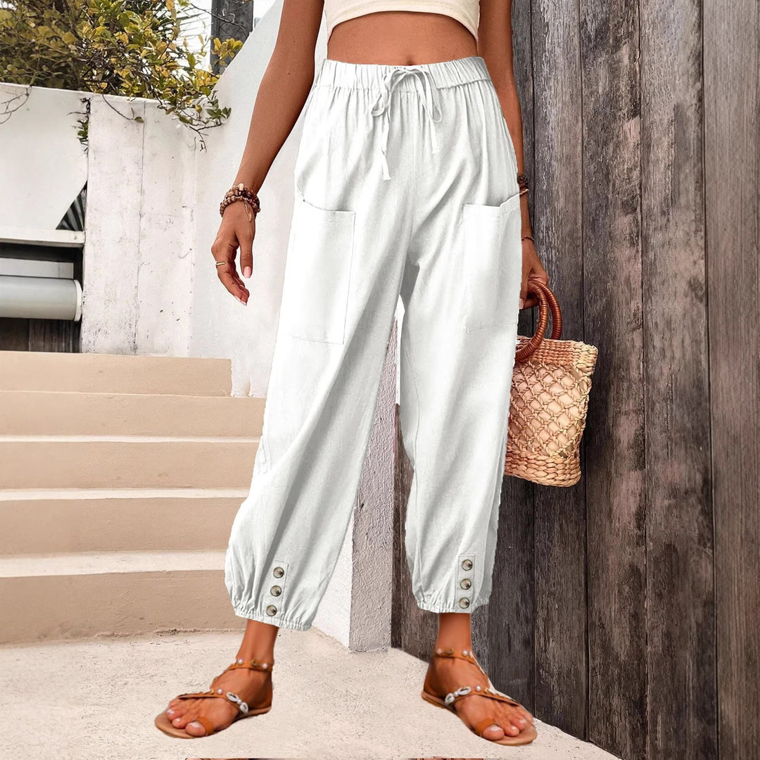 Damen Leinenlook Loungehosen mit hohem elastischem Taillenbund, Kordelzug, aufgesetzten Taschen und geknöpftem Saum – Avélisse