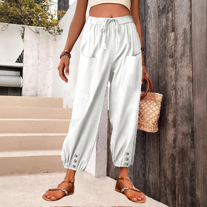 Damen Leinenlook Loungehosen mit hohem elastischem Taillenbund, Kordelzug, aufgesetzten Taschen und geknöpftem Saum – Avélisse