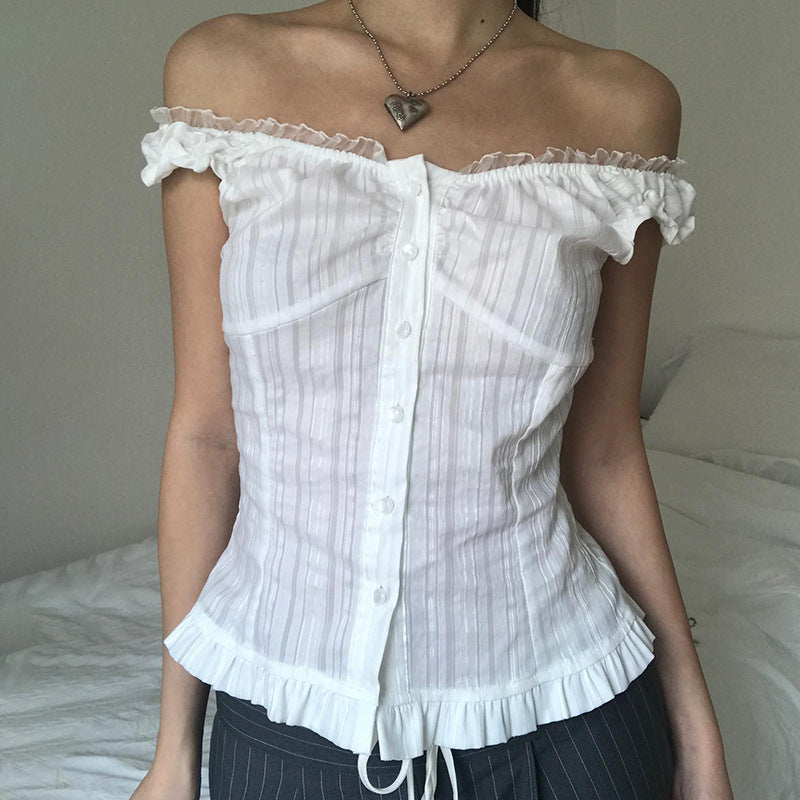 Damen Off-Shoulder Bluse mit Rüschensaum Echo Archiv