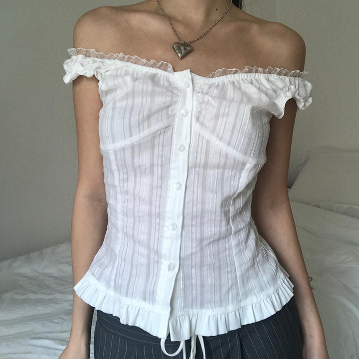 Damen Off-Shoulder Bluse mit Rüschensaum Echo Archiv
