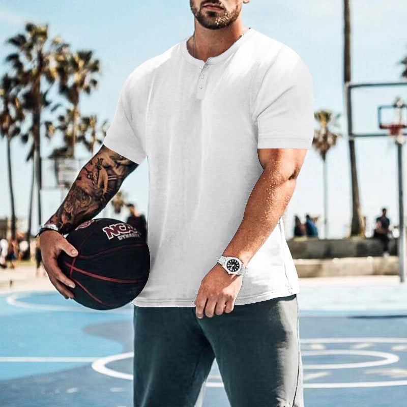 Herren lässiges Kurzarm-Henley-T-Shirt aus atmungsaktiver Baumwolle mit Knopfdetails Echoarchiv