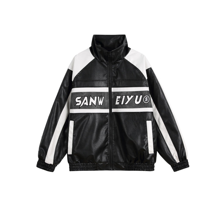 Damen Kunstleder-Trackjacke im Oversize-Cut mit hohem Stehkragen und Logopanel Echoarchiv