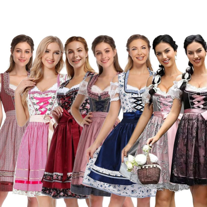 Damen nan klassisches Dirndlkleid mit geschnürtem Mieder, knielanger Trachtenrock und Satinschleife Echo Archiv