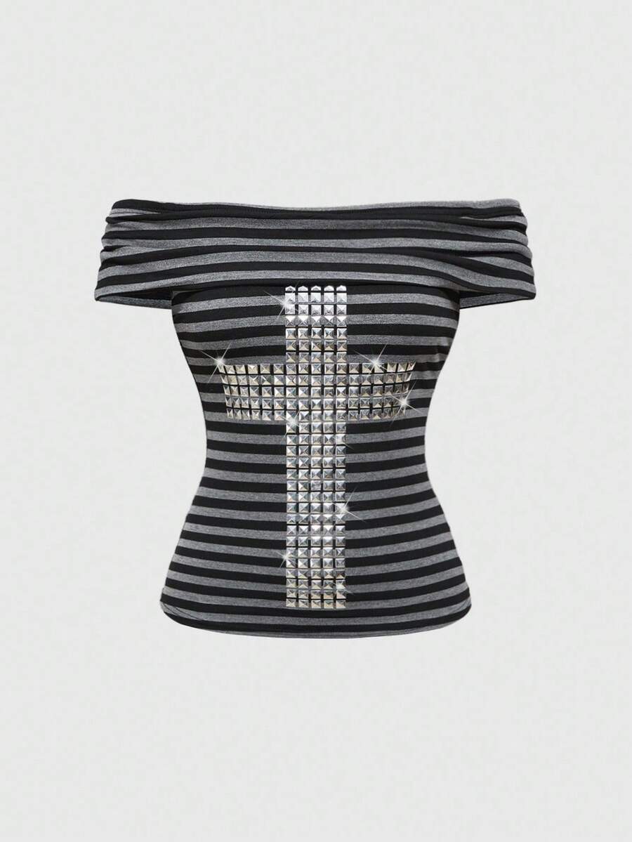 Damen Off-Shoulder Top mit glamourösen Strassdetails Echo Archiv