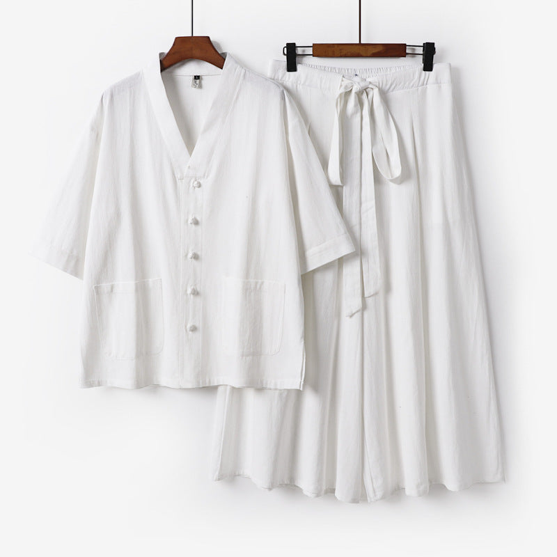 Damen Zweiteiliges Kimono-Lounge-Set mit Kurzarm-Knopfjacke, aufgesetzten Taschen und weiten Palazzo-Hosen Echoarchiv