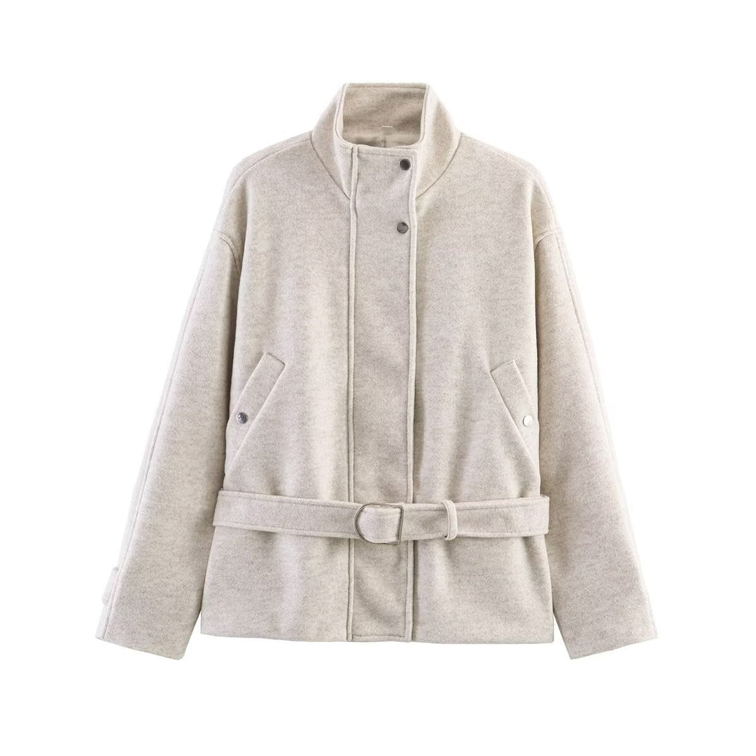 Damen Gekürzte Wollmix-Jacke mit Stehkragen, Taillengürtel und Druckknopfverschluss Echo Archiv