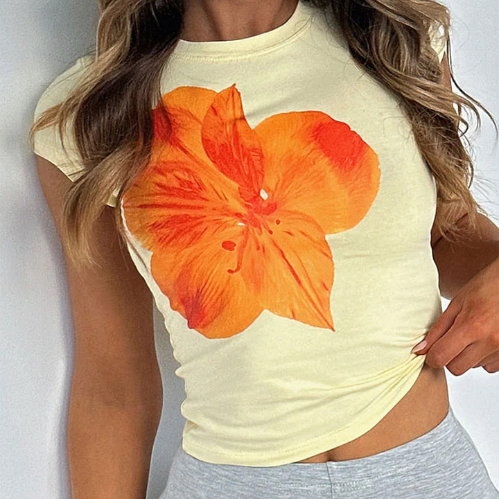 Damen Kurzarm-T-Shirt mit floralem Print und figurbetonter Passform Echo Archiv