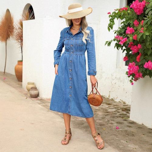 Damen Denim-Midikleid mit Knopfleiste, taillierter Passform und Brusttaschen Echo Archiv