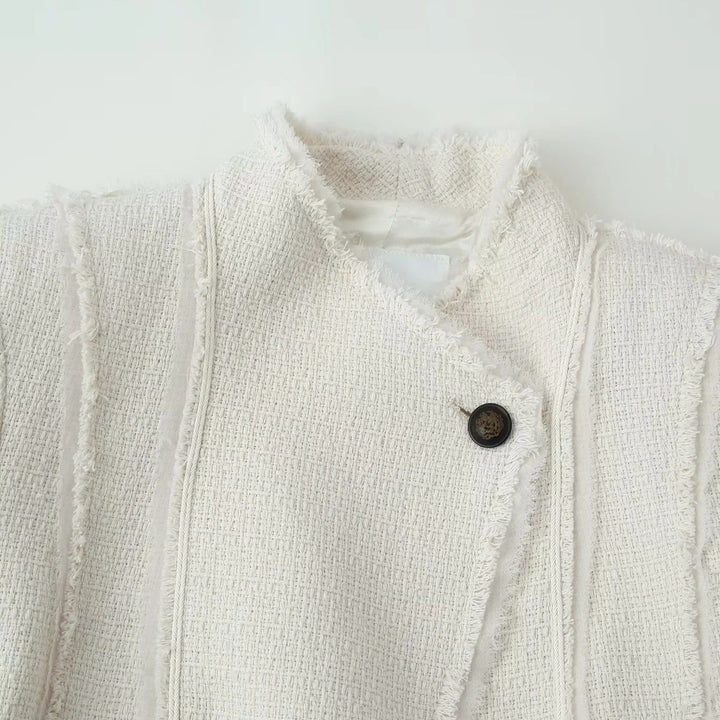 Damen nan taillierte Bouclé-Jacke mit Stehkragen, Zierriegel und dezenten Fransen Echo Archiv