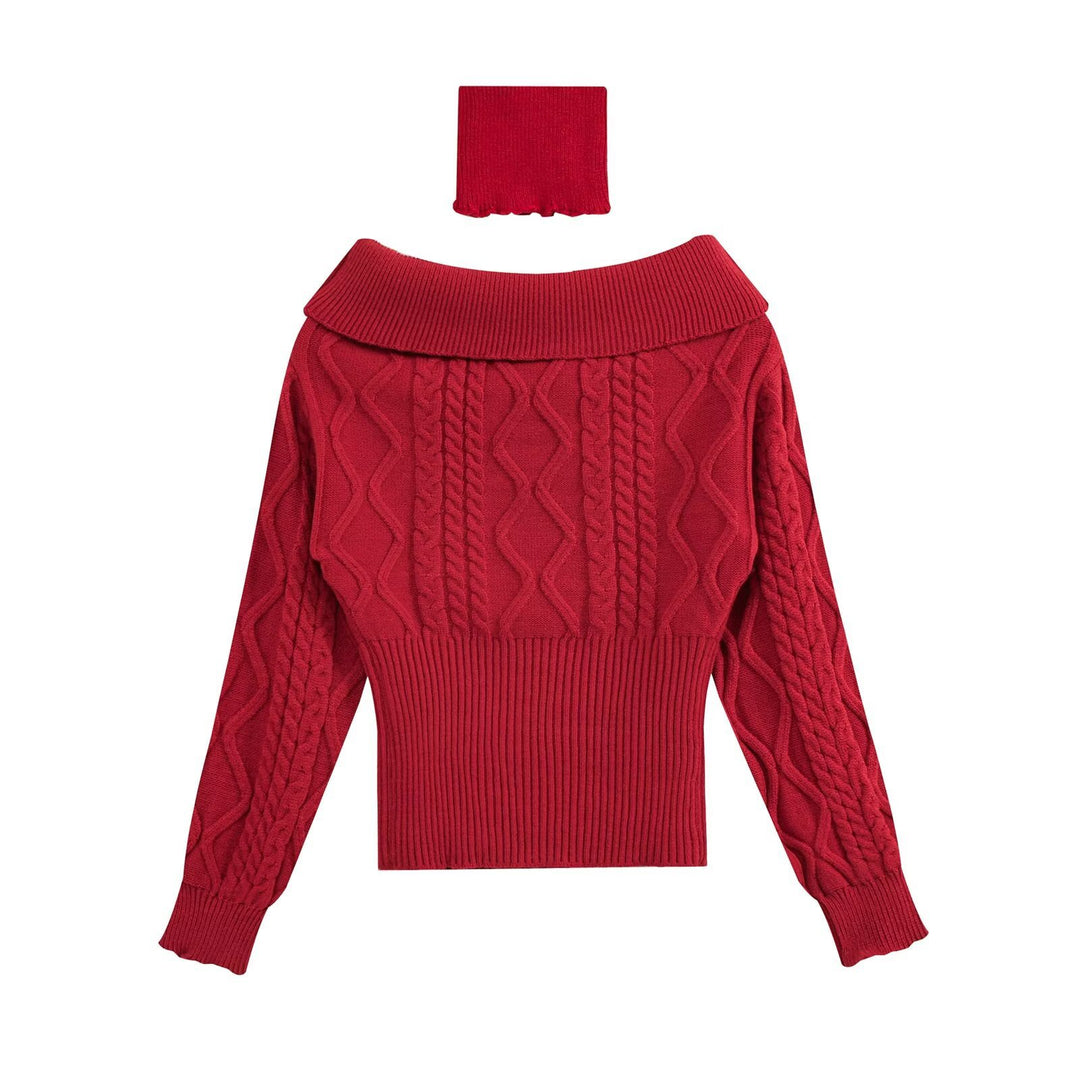Damen Schulterfreier Zopfmuster-Pullover mit weitem Umschlagkragen Echo Archiv