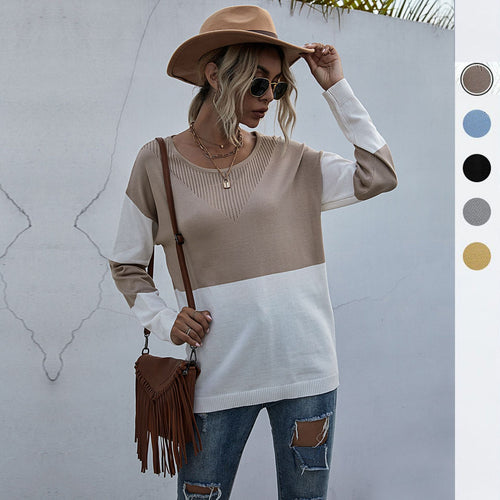 Damen Lockere Strickpullover im Blockmuster mit V‑Ajour‑Detail Echoarchiv