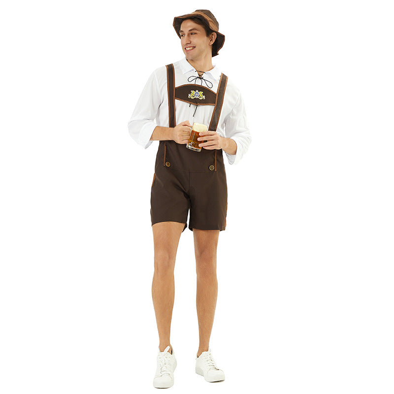 Herren nan Oktoberfest-Kurzlederhose mit verstellbaren Trägern, Zierknöpfen und besticktem Brustlatz Echo Archiv