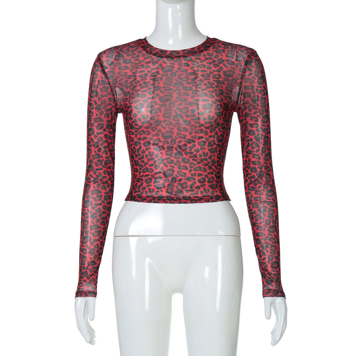 Damen Modisches, figurbetontes Langarm-Crop-Top mit Leo-Muster Echo Archiv