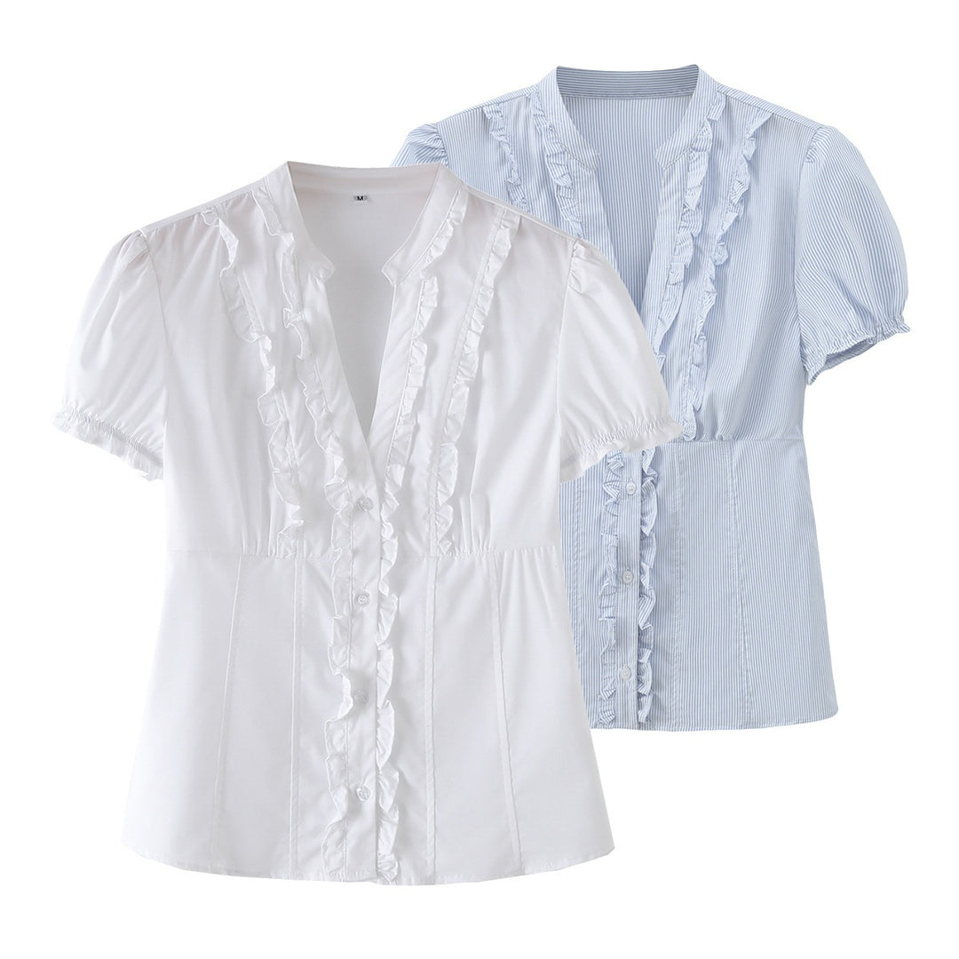 Damen Rüschenshirt mit elegantem V-Ausschnitt und taillierter Passform Echo Archiv