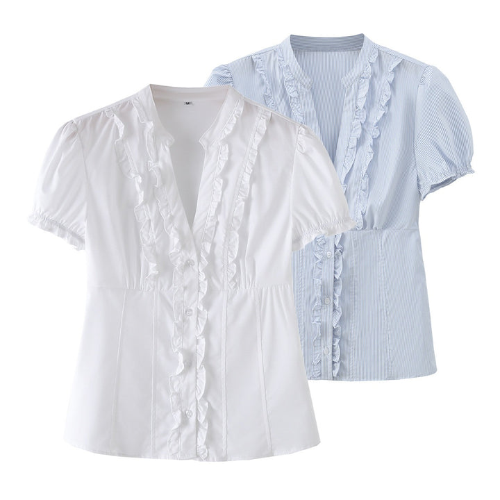 Damen Rüschenshirt mit elegantem V-Ausschnitt und taillierter Passform Echo Archiv