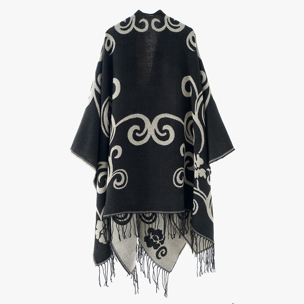 Damen Jacquard-Überwurf im Umhangstil mit Wendefunktion und Fransensaum Echo Archiv