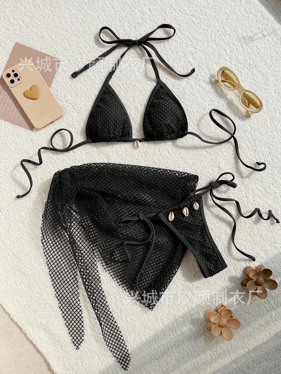 Damen Triangel-Bikini mit transparentem Netzgewebe und Schnürdetails Echo Archiv