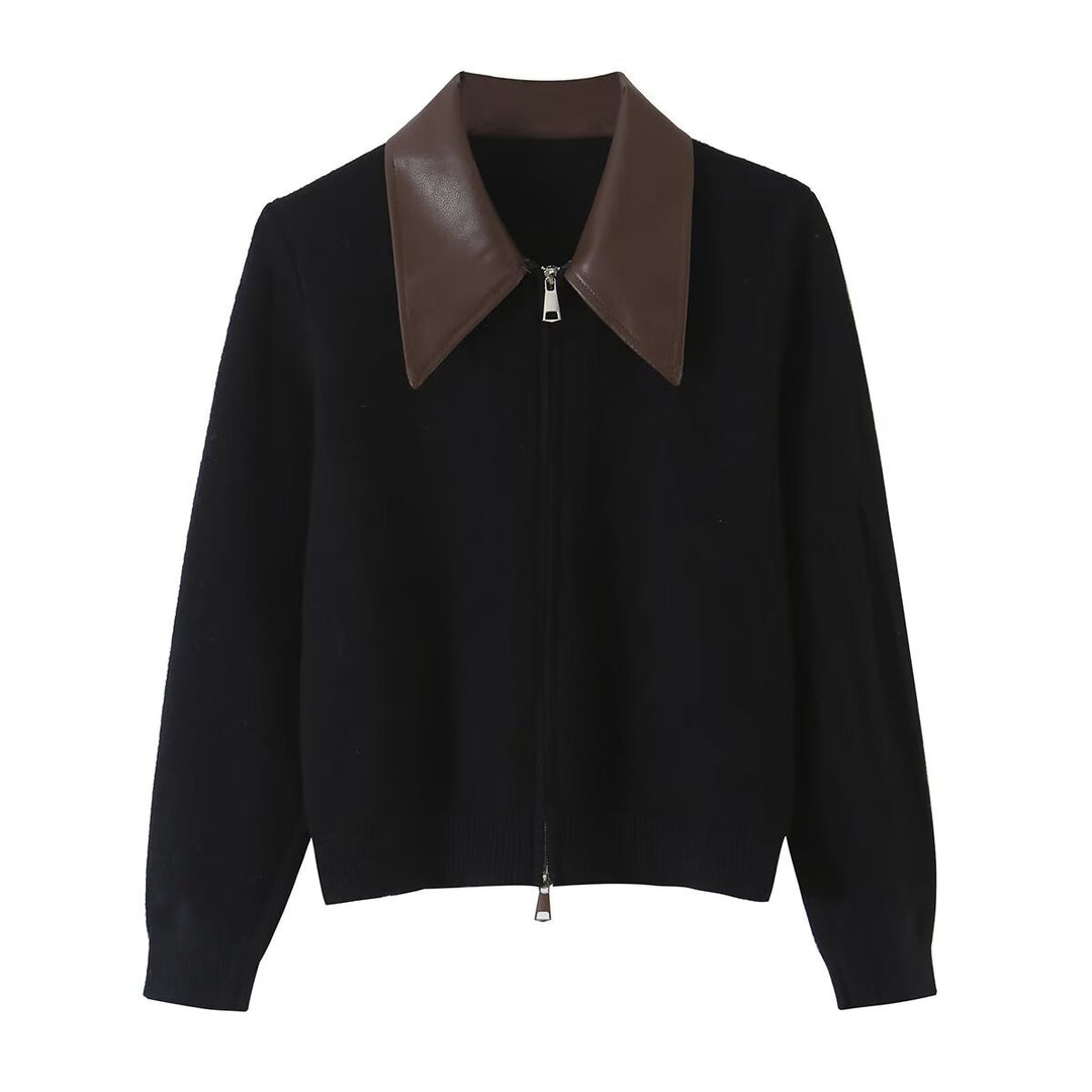 Damen Kurzer Wollmix-Cardigan mit Reißverschluss und kontrastierendem Kunstlederkragen Echoarchiv