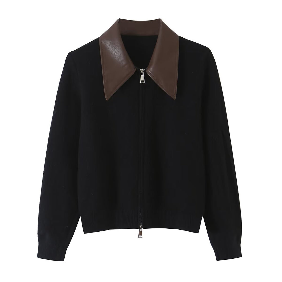 Damen Kurzer Wollmix-Cardigan mit Reißverschluss und kontrastierendem Kunstlederkragen Echoarchiv