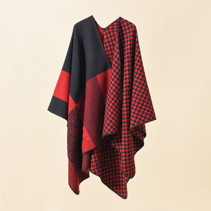 Damen Wendbarer Karomuster-Capeponcho aus Wollmix mit kastigem Oversize-Fall Echo Archiv