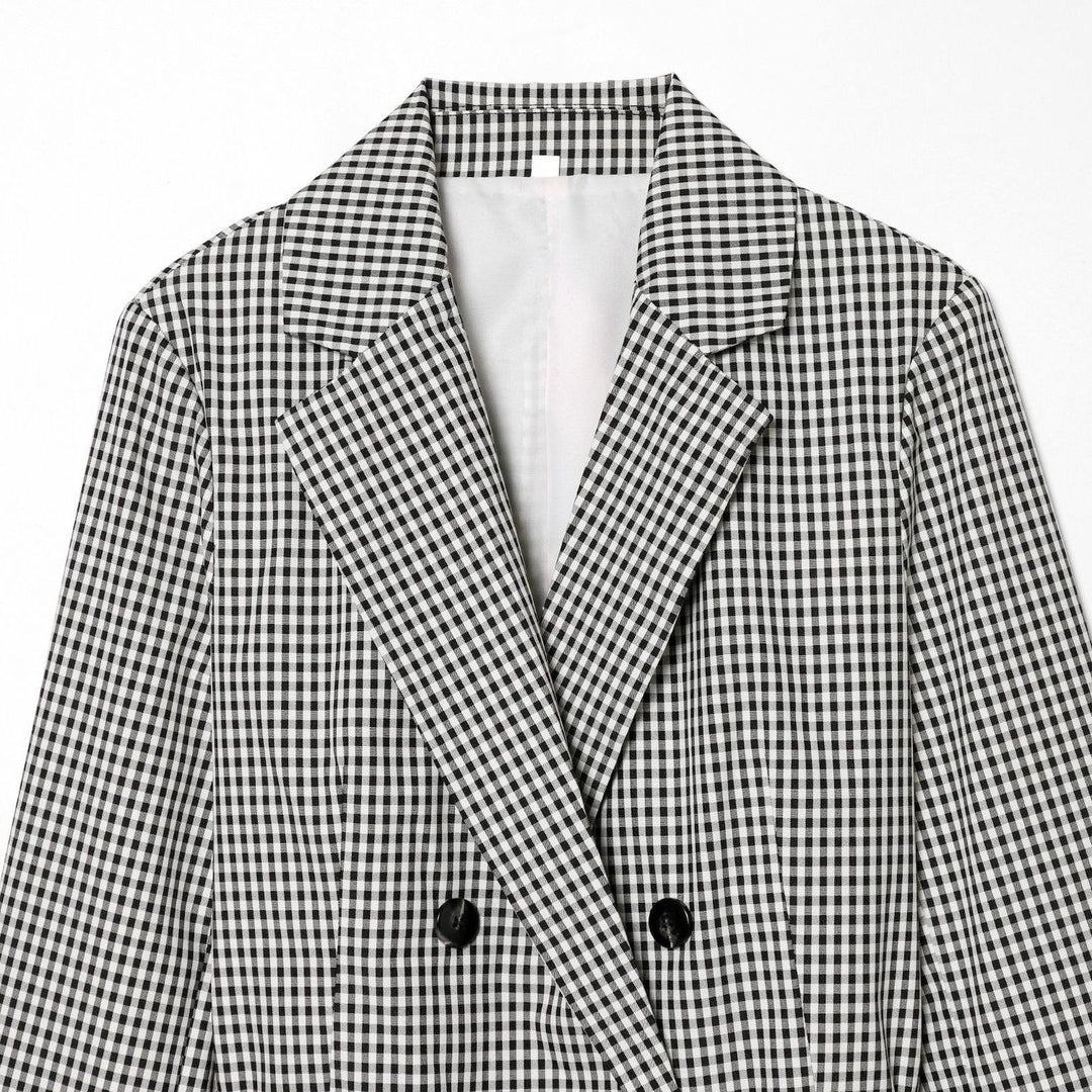 Damen taillierter zweireihiger Blazer mit Kordelzug und kariertem Muster – Valéne