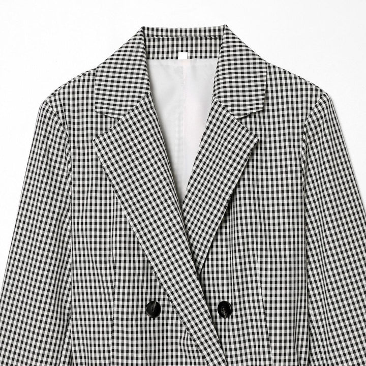 Damen taillierter zweireihiger Blazer mit Kordelzug und kariertem Muster – Valéne