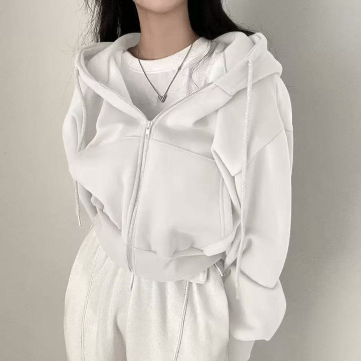 Damen oversized cropped Kapuzenjacke mit Reißverschluss und Ballonärmeln – Auréline