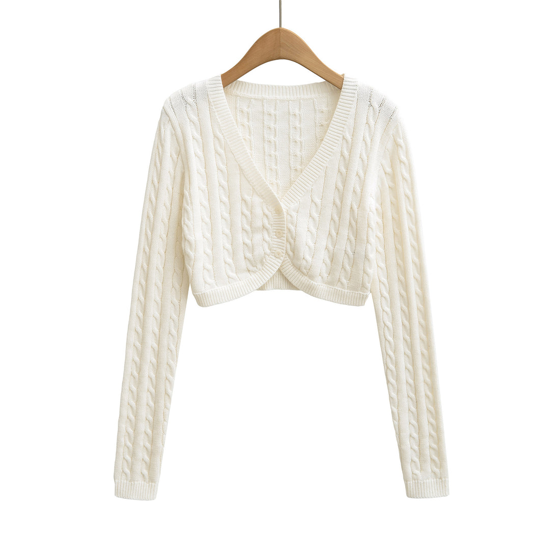 Damen Kurzgeschnittener Zopfstrick-Cardigan mit V‑Ausschnitt und Knopfleiste Echoarchiv
