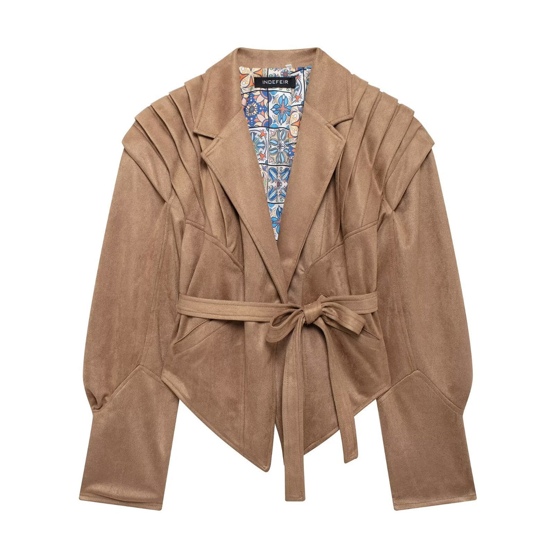 Damen nan taillierter Wildlederoptik Blazer mit Wickelgürtel und gerafften Schultern Echo Archiv