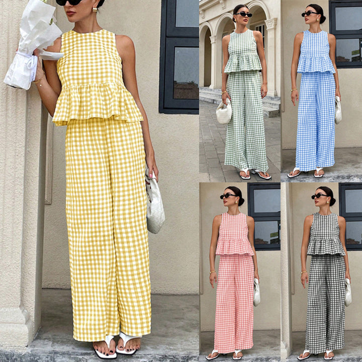 Damen Zweiteiliges Vichy-Karo-Set mit tailliertem Volanttop und weiter Palazzo-Hose Echo Archiv