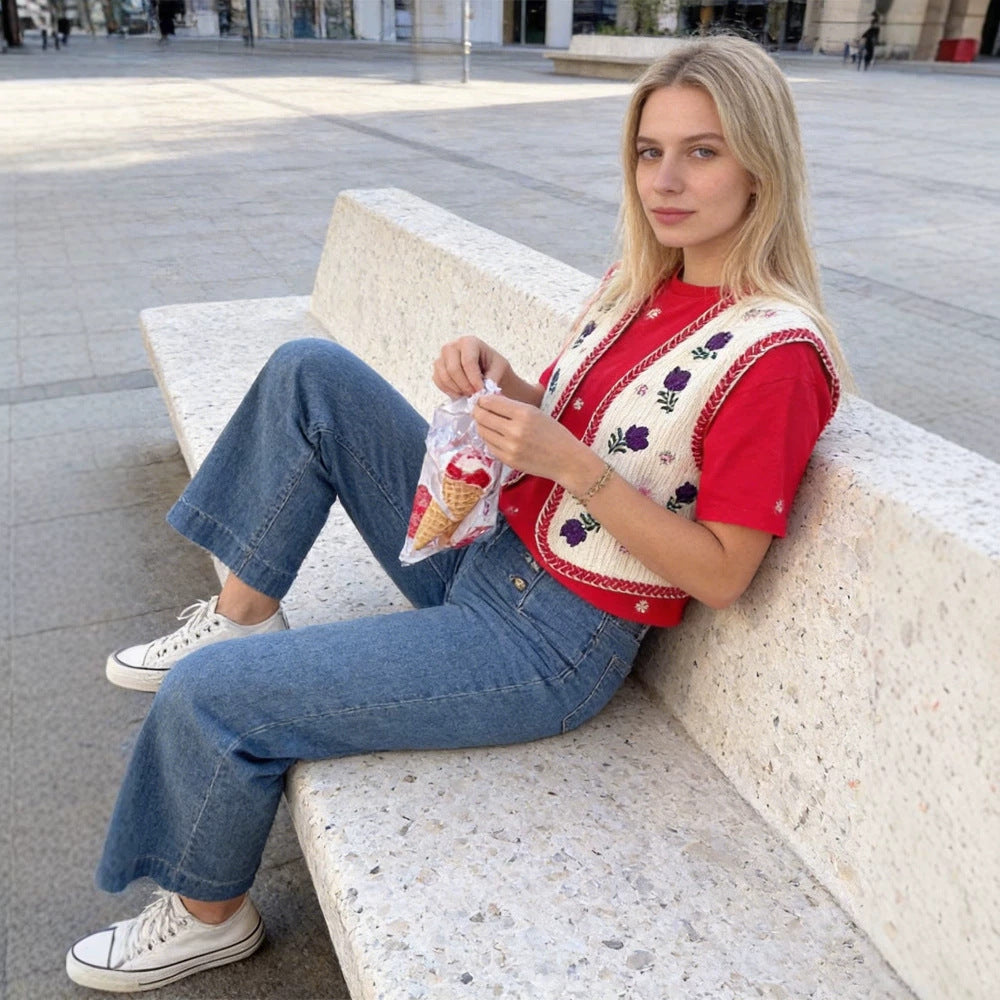 Damen Bestickte Kurz-Weste im Boho‑Chic mit floralen Applikationen Echoarchiv