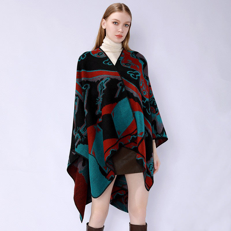 Damen Jacquard-Überwurfponcho mit musikalischem Ornament und Rollkante Echo Archiv