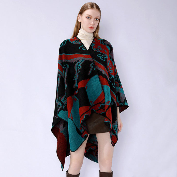 Damen Jacquard-Überwurfponcho mit musikalischem Ornament und Rollkante Echo Archiv